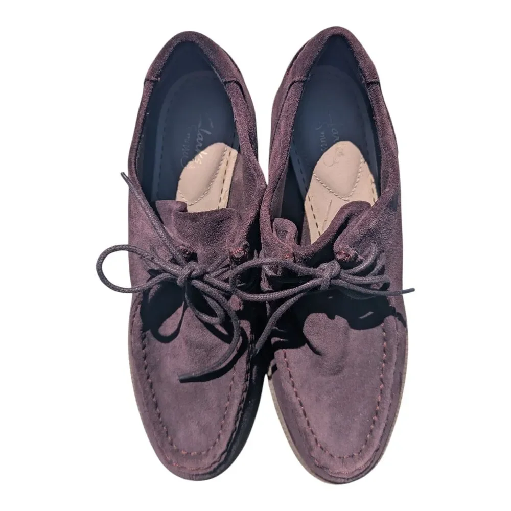 Clarks Somerset Balmer Willow Purple Suede Heeled Wallabee Loafers Womens Size 9